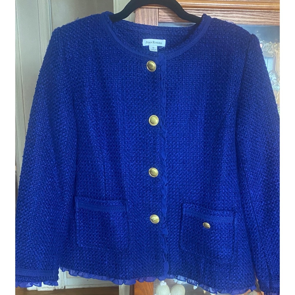 Joan Rivers Classics Royal Blue Bouclé Tweed Ruffle Jacket Gold Buttons Size 10